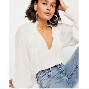 Free People FP One White Gauze Smocked Split-Neck Peasant Blouse S